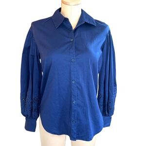 Kate Spade Navy Blue Cotton Eyelet Puff Sleeve Button Down Shirt Size 4